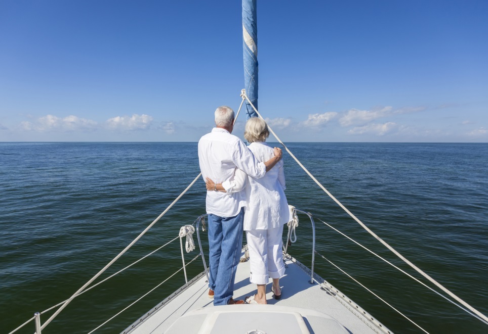 couple standing on the bow of a boat